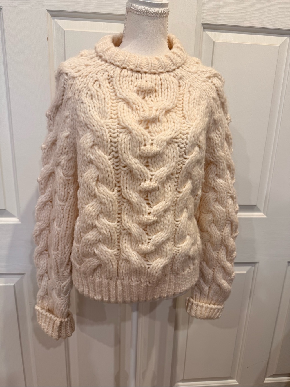 ZARA Chunky Cable Knit Bobble Sweater Cream Wool Blend M - Picture 5 of 6